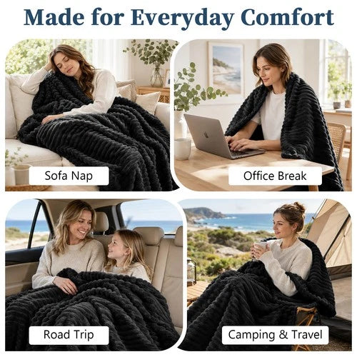 Soft Ribbed Fleece Blanket Luxury Decorative Rug Throw for Couch Bed Single Quee