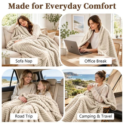 Soft Ribbed Fleece Blanket Luxury Decorative Rug Throw for Couch Bed Single Quee