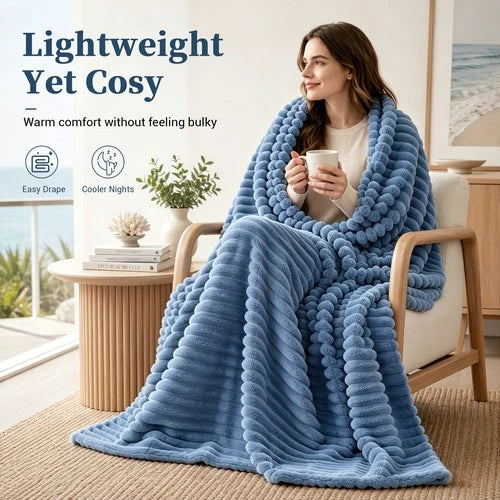 Soft Ribbed Fleece Blanket Luxury Decorative Rug Throw for Couch Bed Single Quee
