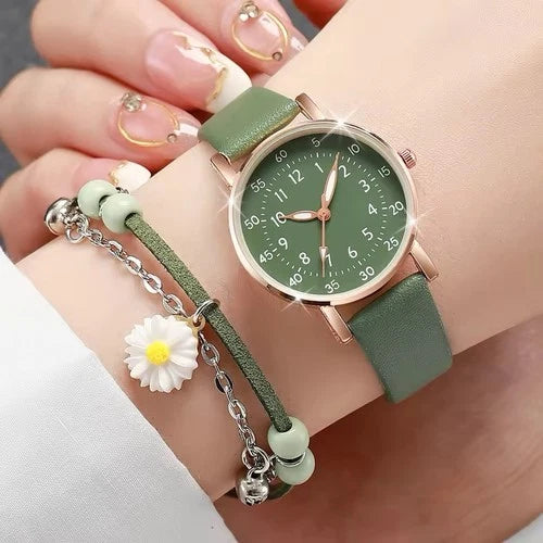 2PCS/Set Women s Watch Fashion Leather Band Quartz Watches Flower Bracelet Set