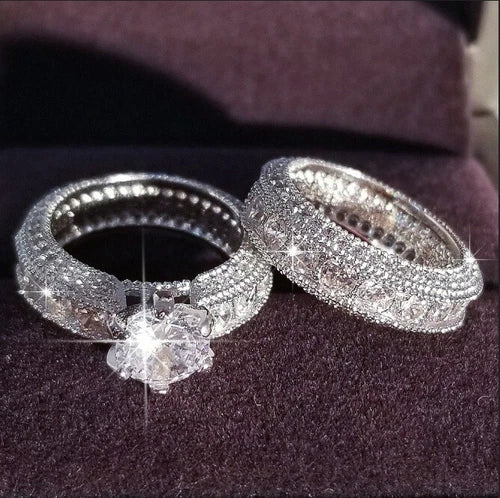 AU Elegant Round Fashion Women's Party White Sparkling Stone Double Ring Gifts