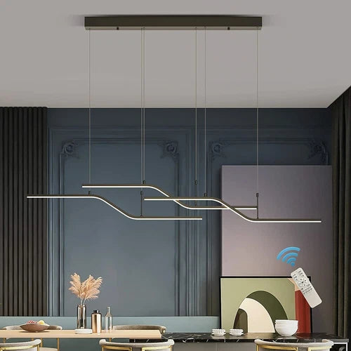Modern Black Wave Linear Chandelier Dimmable LED Pendant for Dining Room Kitchen