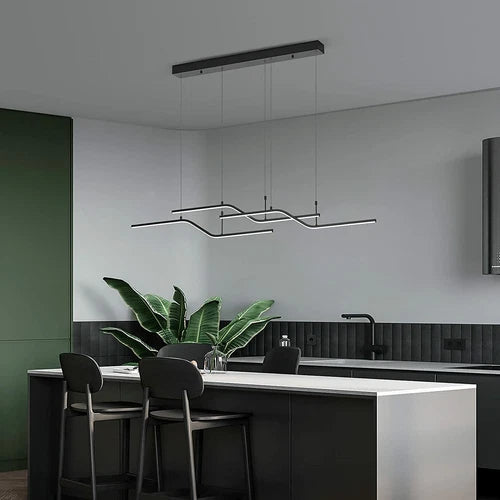 Modern Black Wave Linear Chandelier Dimmable LED Pendant for Dining Room Kitchen