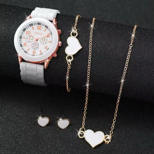 4PCS Women’s Luxury Quartz White Watch Set, Bracelet, Earrings, Necklace New