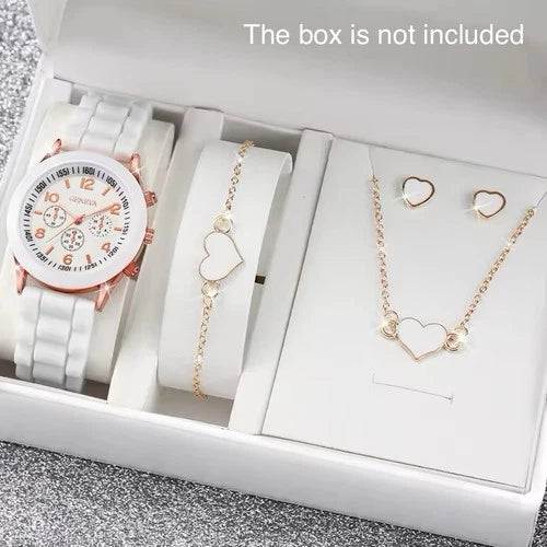 4PCS Women’s Luxury Quartz White Watch Set, Bracelet, Earrings, Necklace New