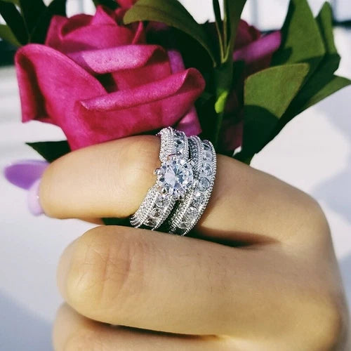AU Elegant Round Fashion Women's Party White Sparkling Stone Double Ring Gifts