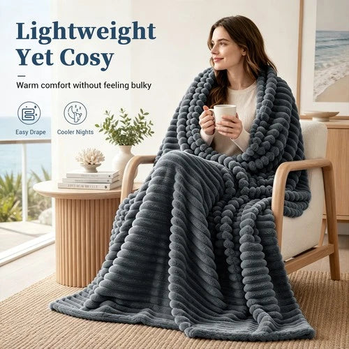 Soft Ribbed Fleece Blanket Luxury Decorative Rug Throw for Couch Bed Single Quee