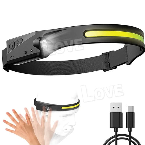Waterproof COB LED Motion Sensor Head Torch Headlight USB Rechargeable Headlamp