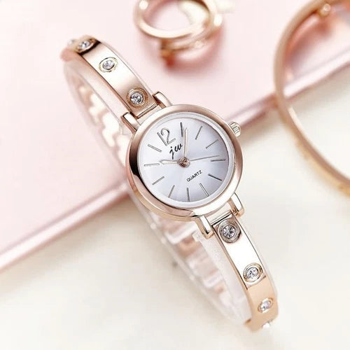 Rose Gold Round Face Women`s Fashion Dress Rhinestone Quartz Bracelet Watches