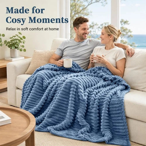 Soft Ribbed Fleece Blanket Luxury Decorative Rug Throw for Couch Bed Single Quee
