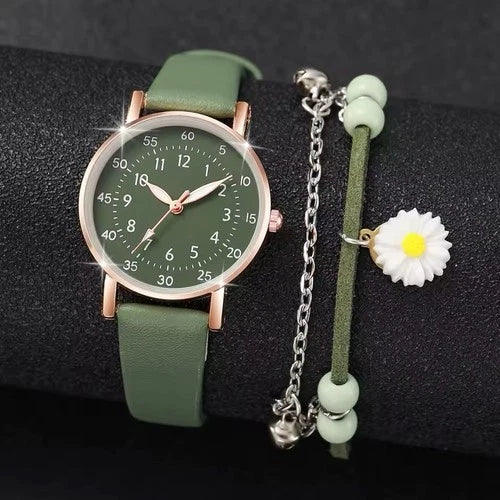 2PCS/Set Women s Watch Fashion Leather Band Quartz Watches Flower Bracelet Set