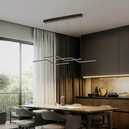 Modern Black Wave Linear Chandelier Dimmable LED Pendant for Dining Room Kitchen