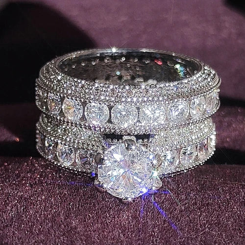AU Elegant Round Fashion Women's Party White Sparkling Stone Double Ring Gifts
