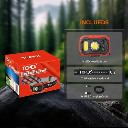 TOPEX Headlamp Rechargeable Head Torch 1000 Lumens Motion Sensor Control
