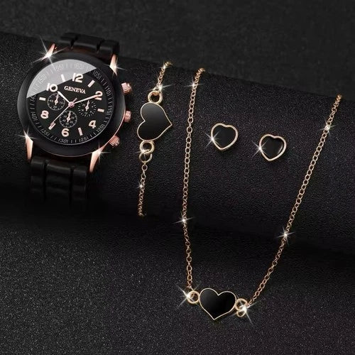 4PCS Women’s Luxury Quartz Black Watch Set, Bracelet, Earrings, Necklace New