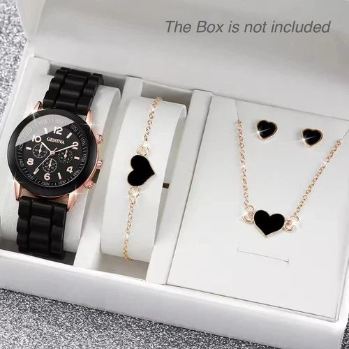 4PCS Women’s Luxury Quartz Black Watch Set, Bracelet, Earrings, Necklace New