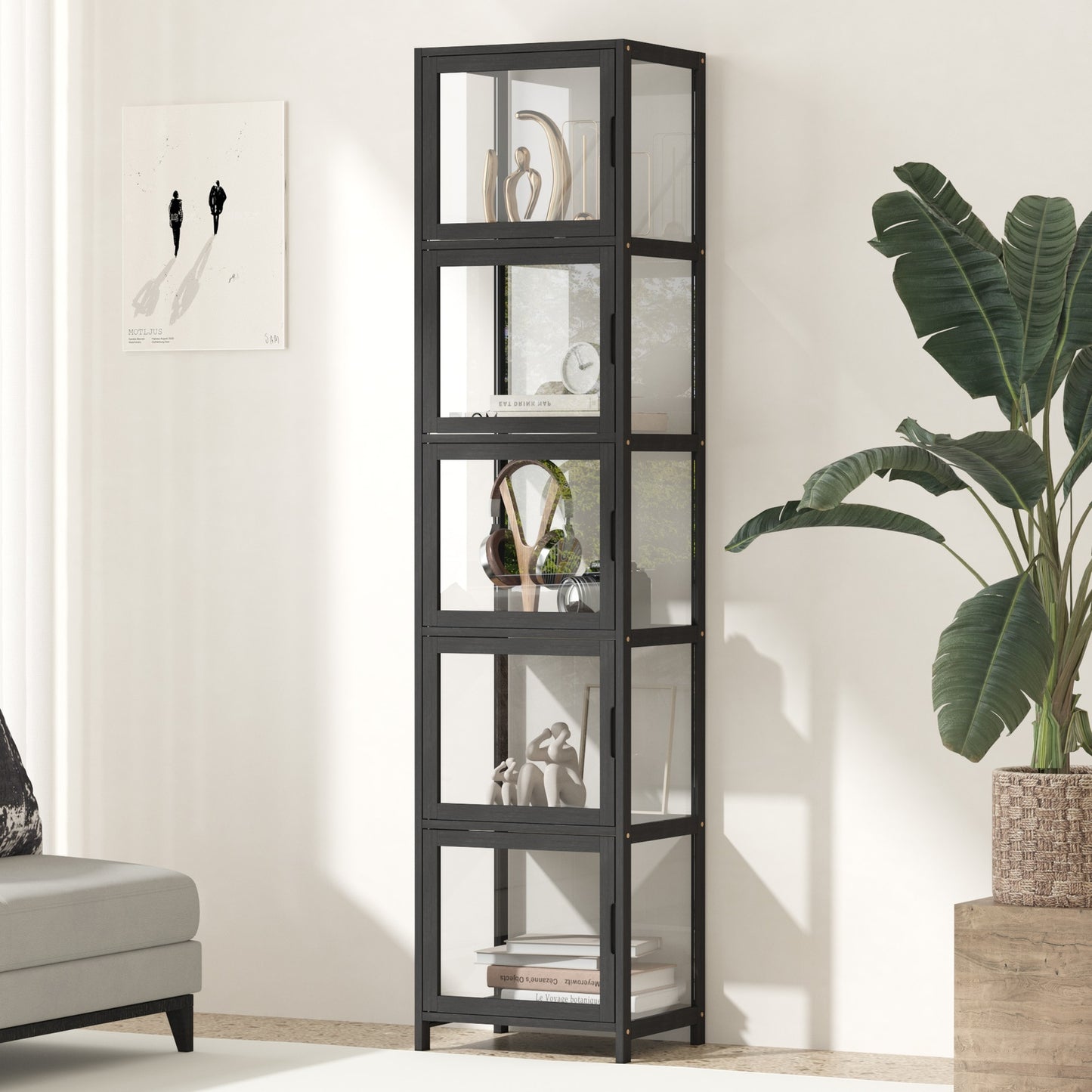Oikiture Display Cabinet 5-Tier Slim Storage Shelves Clear Bookcase Rack