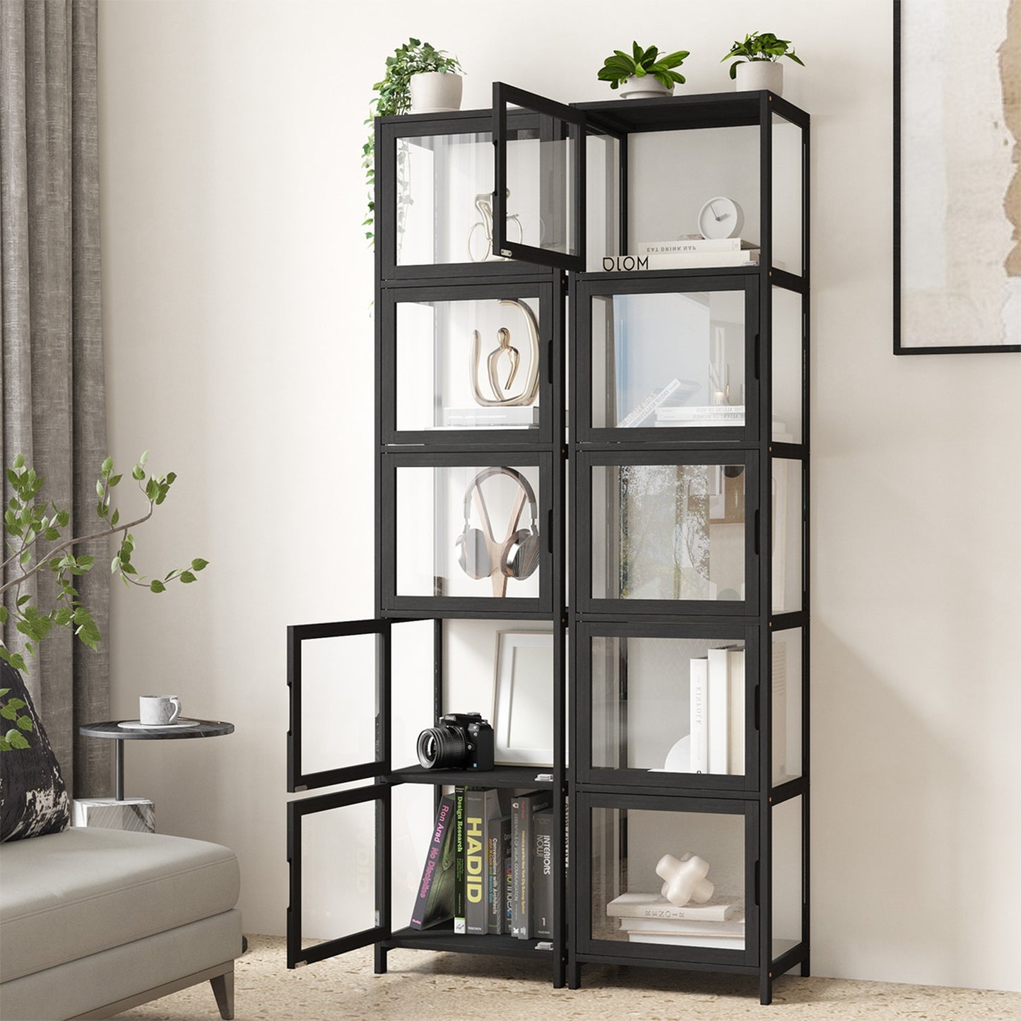 Oikiture Display Cabinet 5-Tier Slim Storage Shelves Clear Bookcase Rack