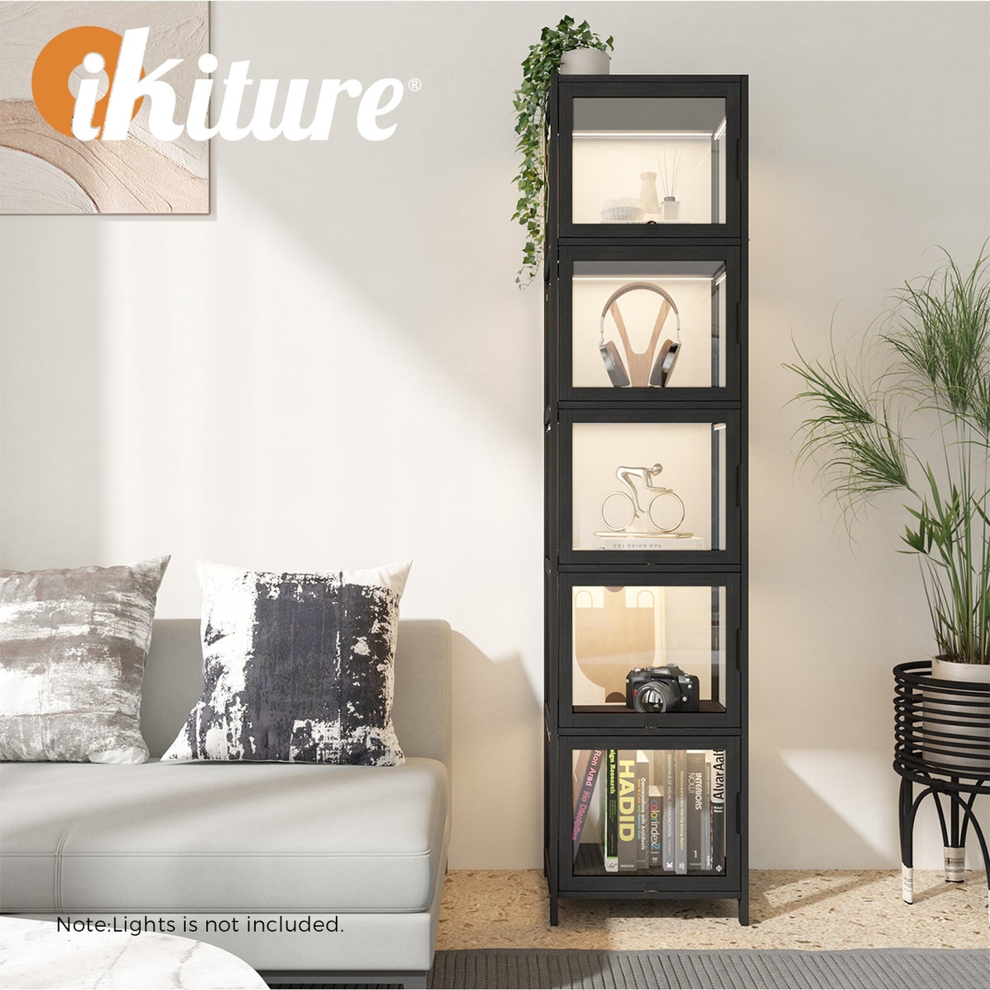 Oikiture Display Cabinet 5-Tier Slim Storage Shelves Clear Bookcase Rack