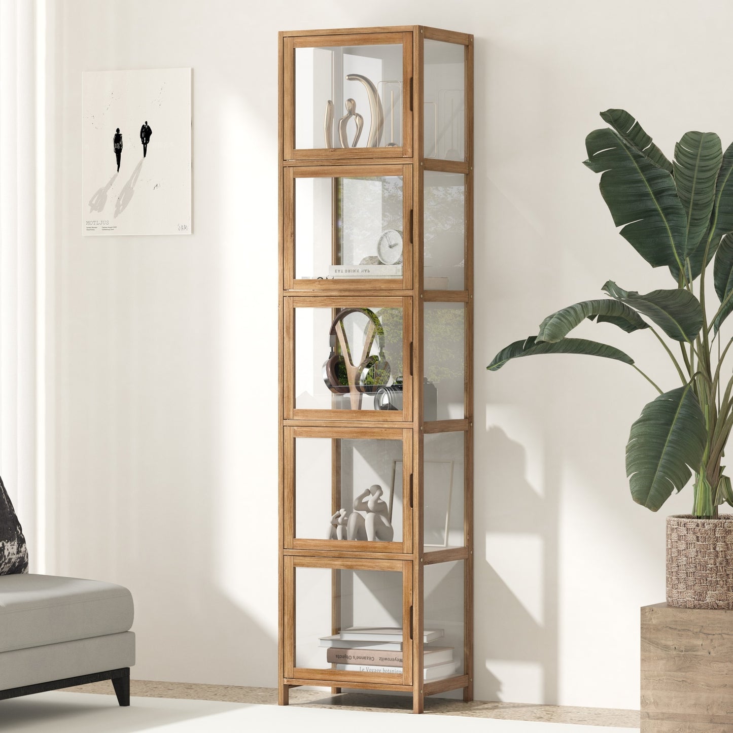 Oikiture Display Cabinet 5-Tier Slim Storage Shelves Clear Bookcase Rack
