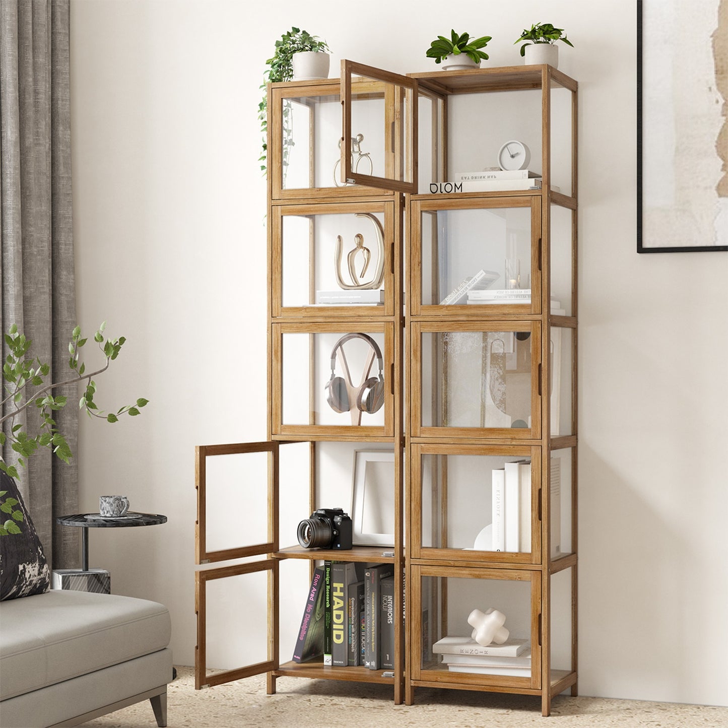 Oikiture Display Cabinet 5-Tier Slim Storage Shelves Clear Bookcase Rack