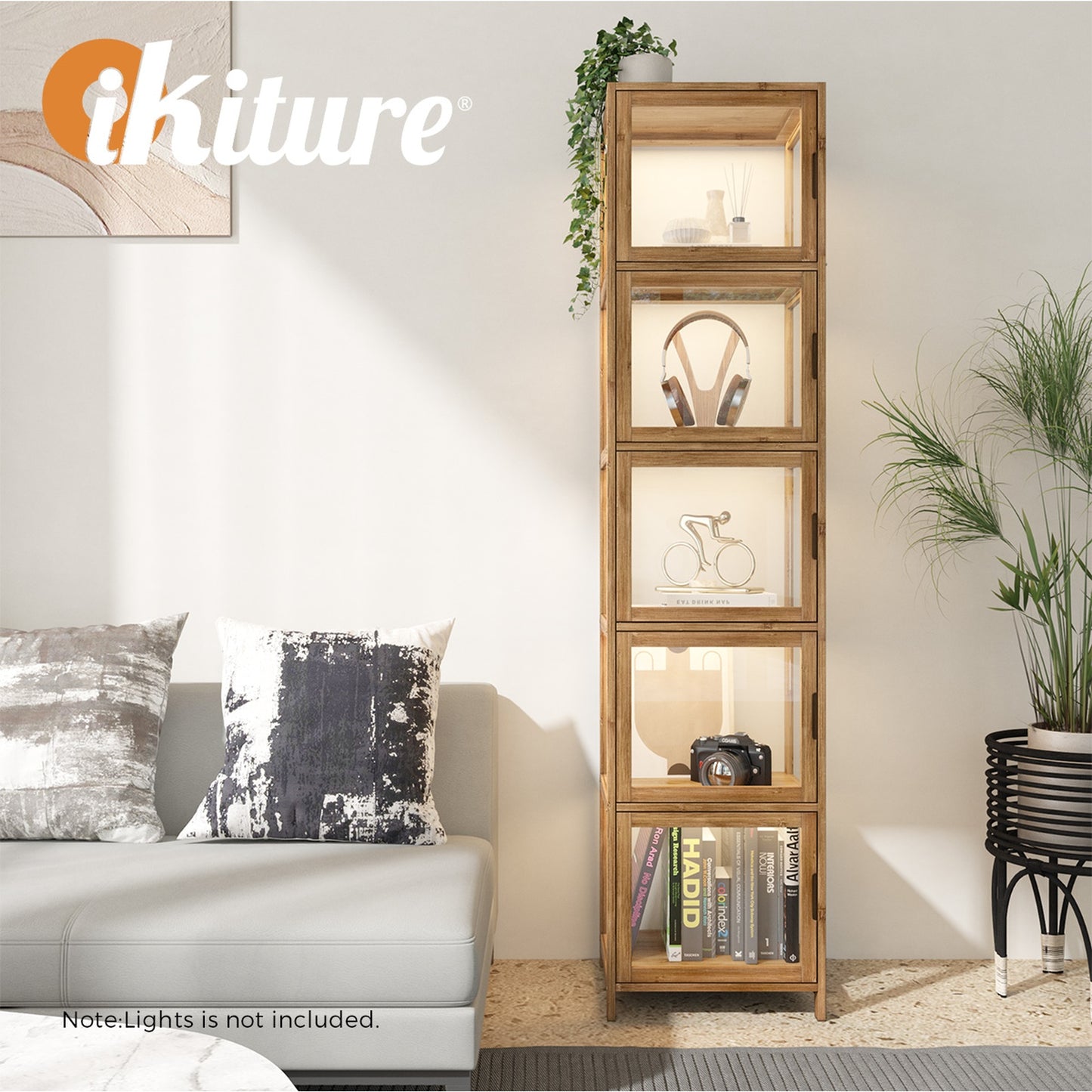 Oikiture Display Cabinet 5-Tier Slim Storage Shelves Clear Bookcase Rack